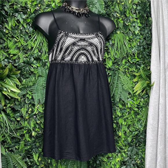 ZARA Dress Women Large Black Beige Mini Linen Blend Crotchet Boho 2227 - Picture 5 of 7